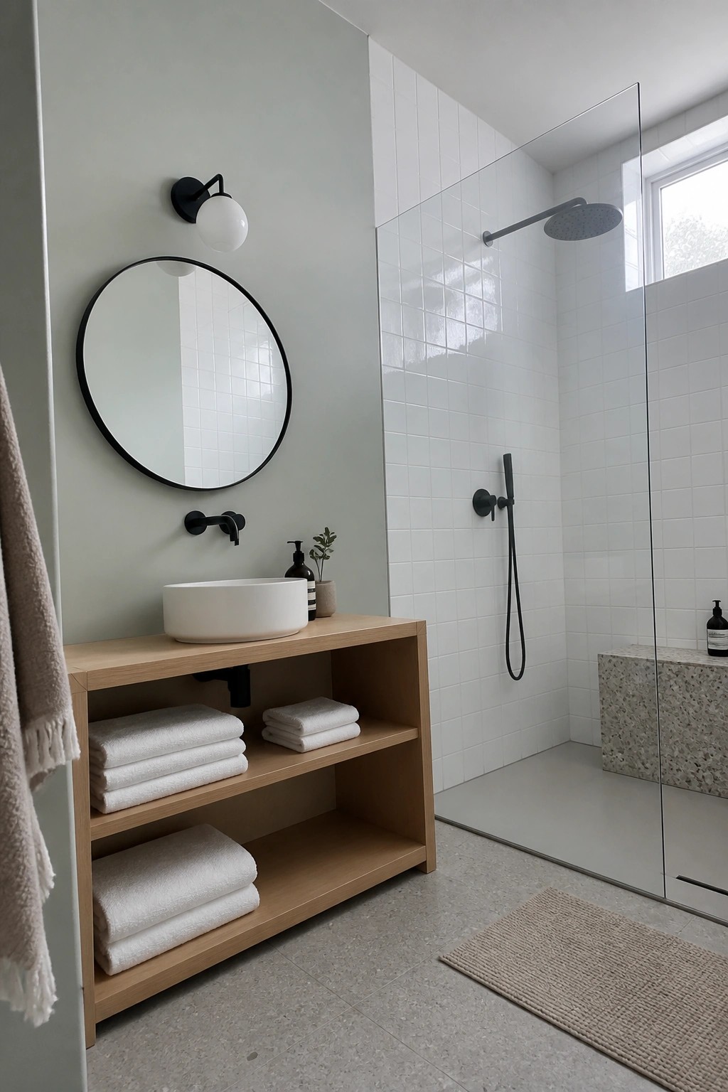 Modern minimalist bathroom with wooden vanity, round mirror, white sink, and tiled shower.