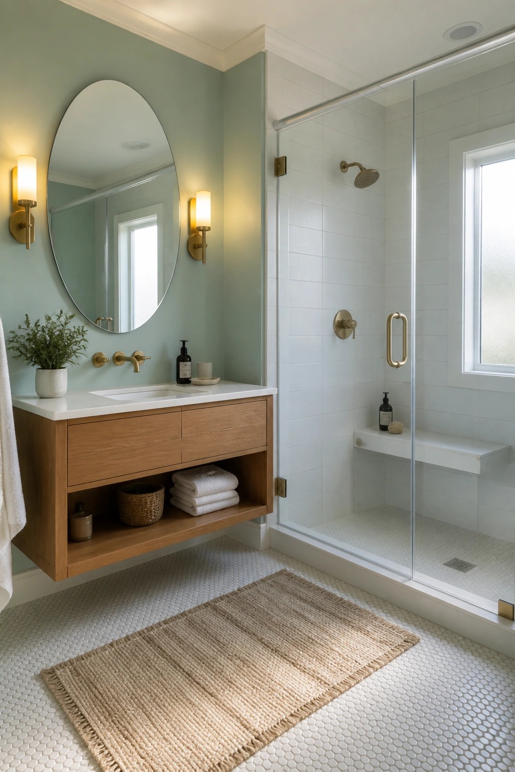 A bathroom with soft green walls above white tiled surfaces and a wood vanity.