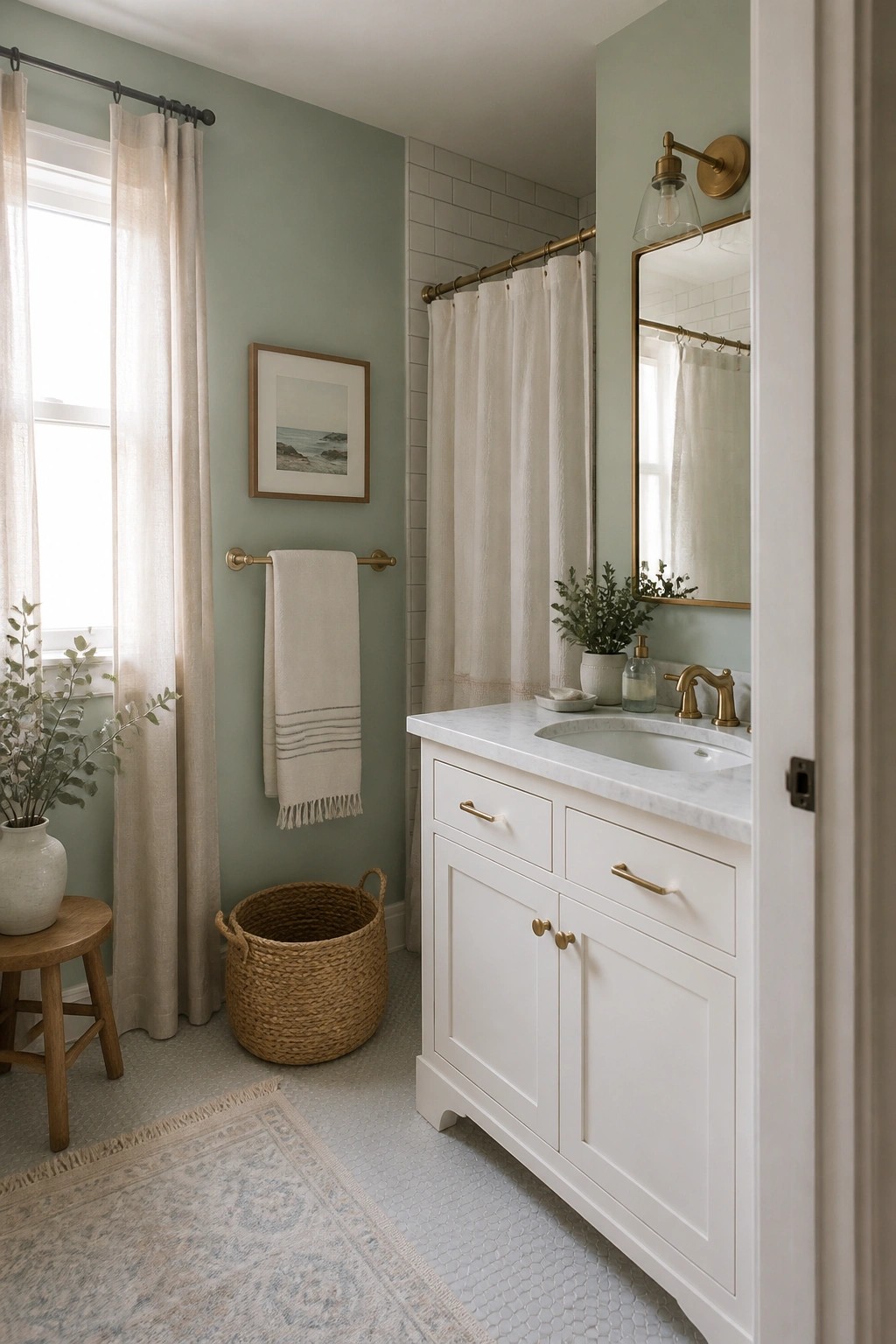 A bathroom with soft sage green walls paired with white subway tile and marble surfaces.