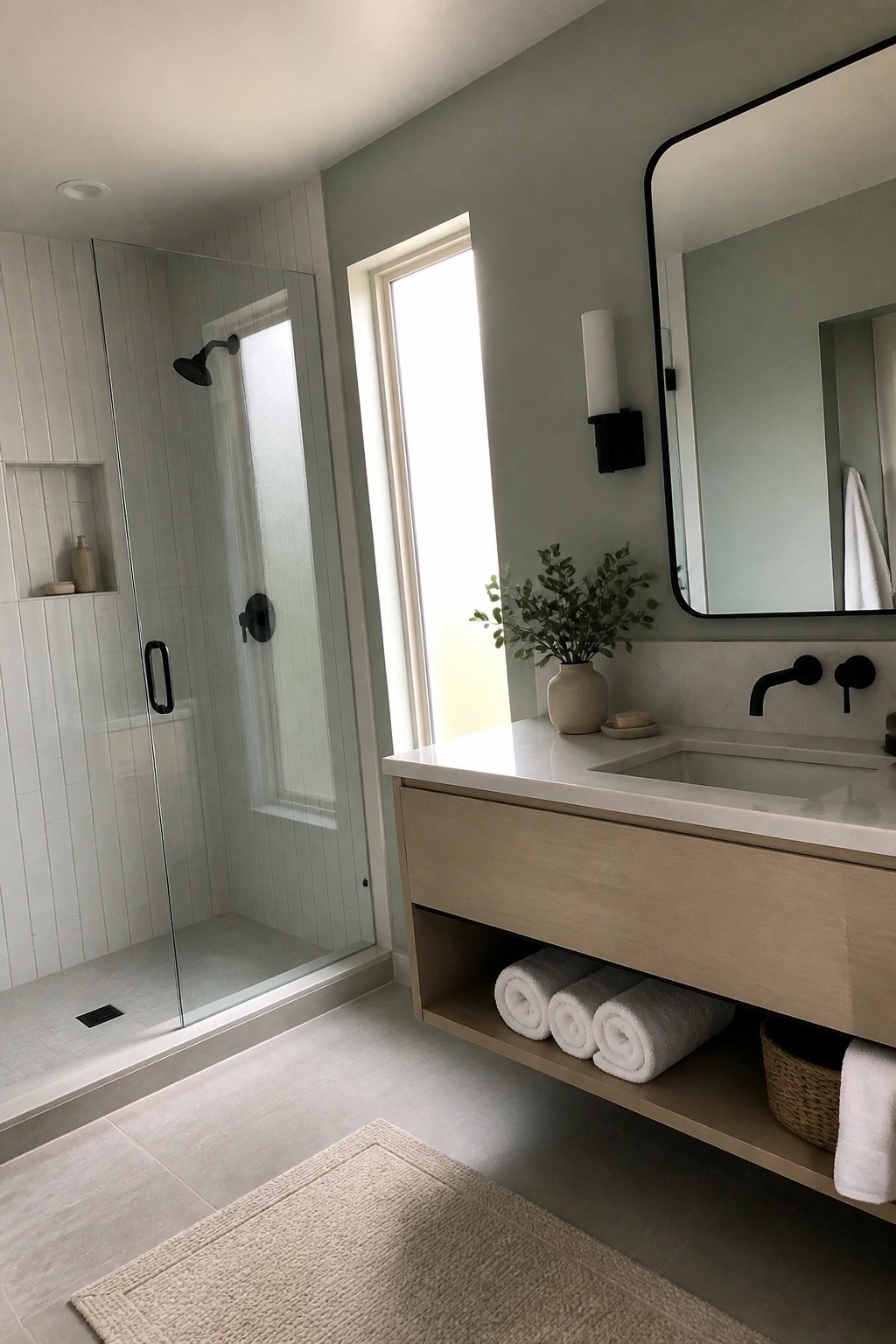 Modern bathroom with floating wood vanity, white sink, black fixtures, glass shower, and rolled towels.