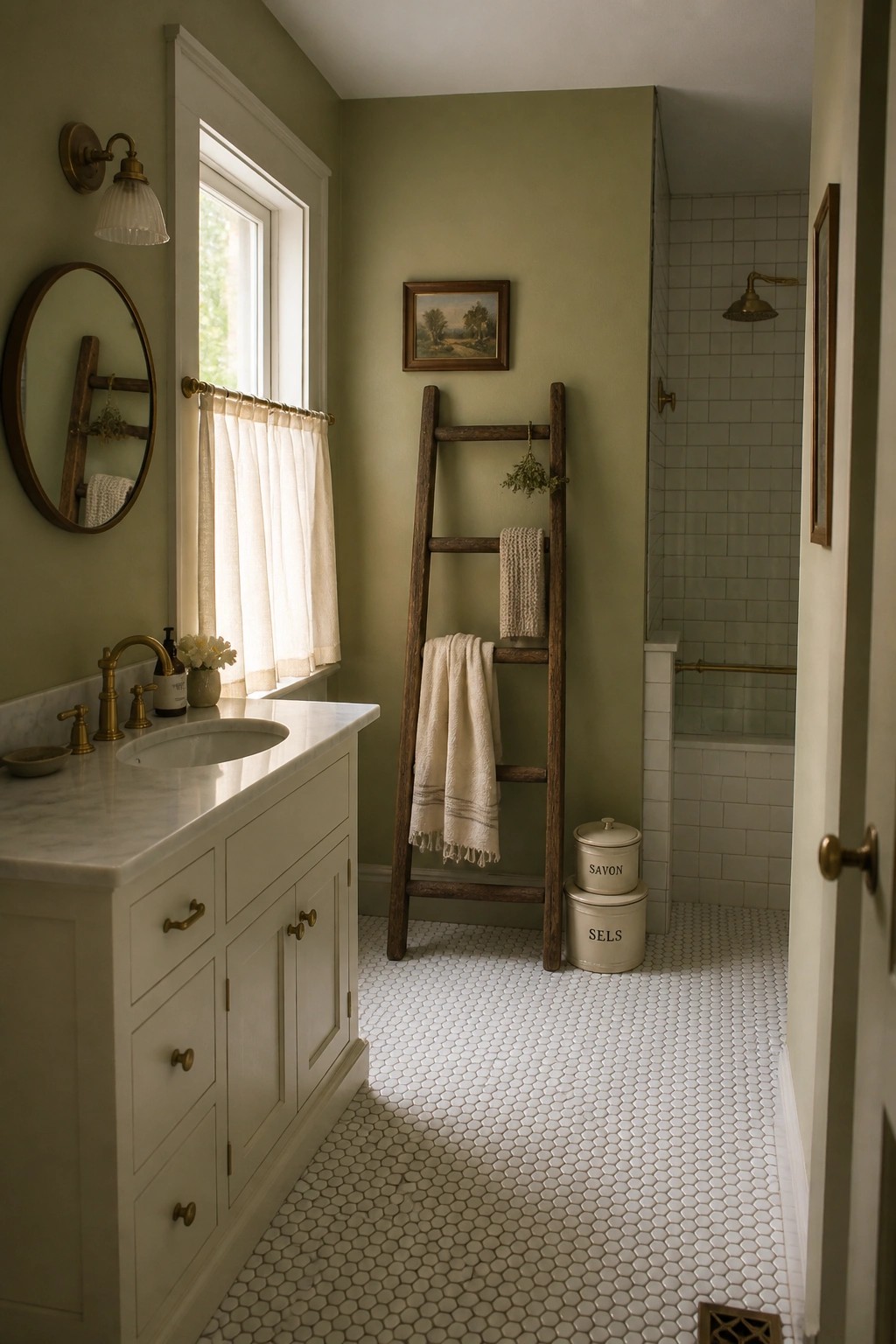 Soft sage green walls in a bathroom with white tile and marble vanity.