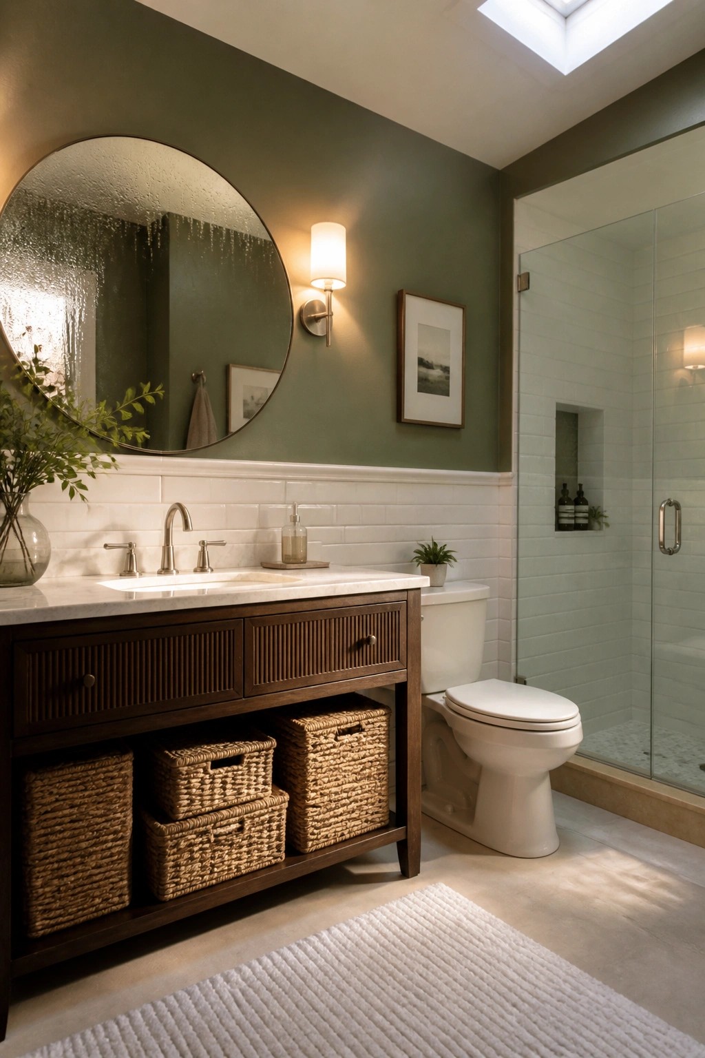 Green-walled bathroom with round mirror, wooden vanity, wicker baskets, and tiled shower.
