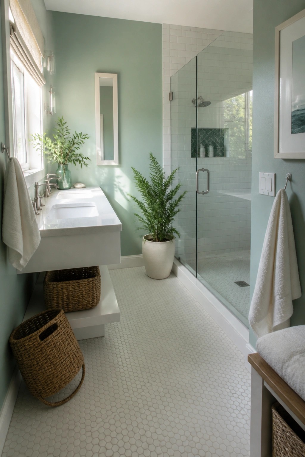 Modern mint-green bathroom with white double vanity, glass shower, plants and woven baskets.