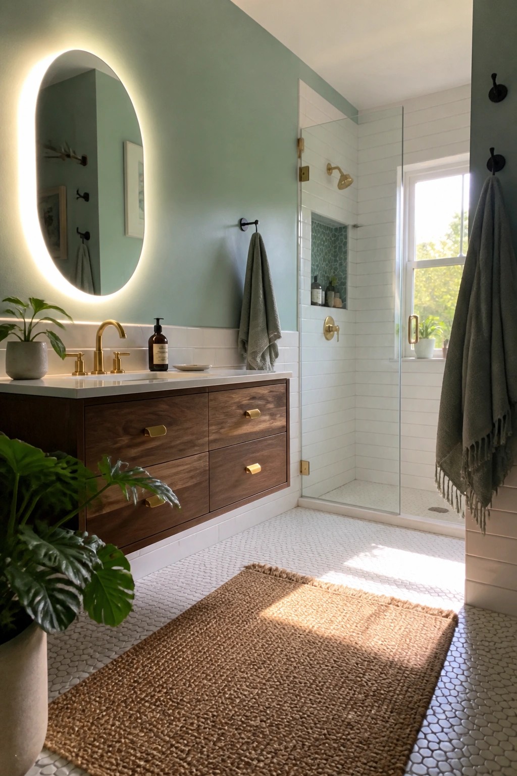 Soft sage green walls above white tile in a bathroom with wood vanity and brass fixtures.