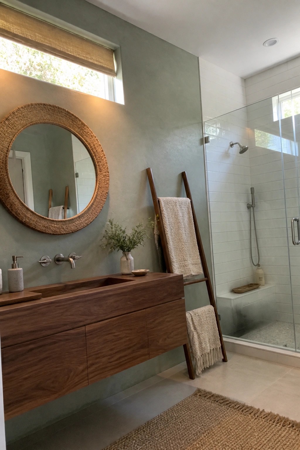 Soft sage green bathroom walls paired with white subway tile and a wood vanity.