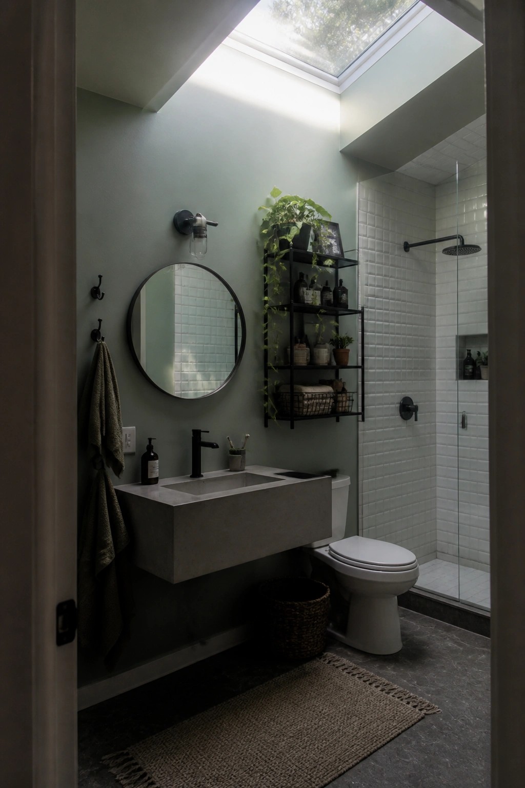 Modern bathroom with sage walls, concrete sink, round mirror, black shelves, and skylight.