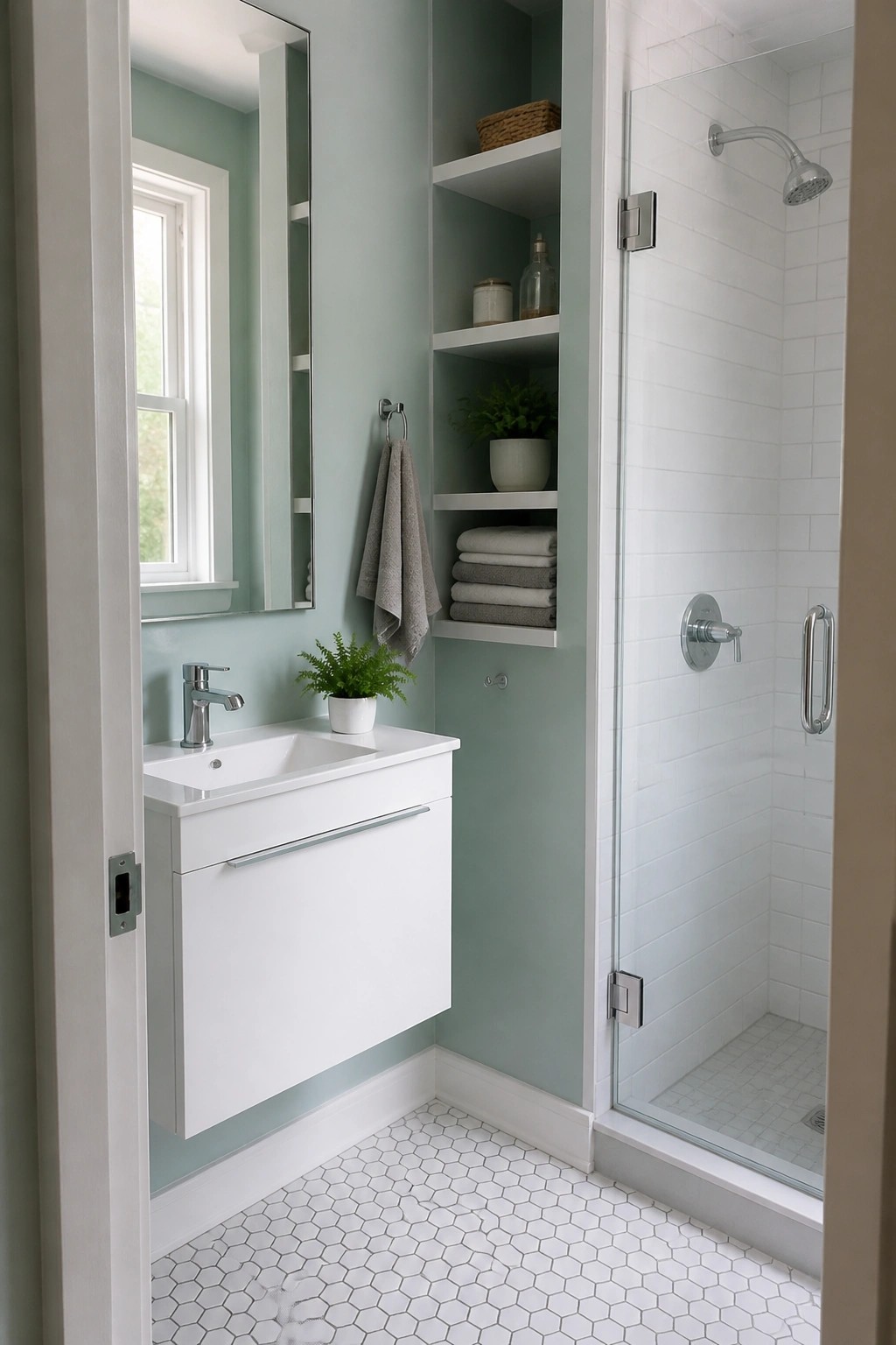 Soft sage green walls in a bathroom with white tile shower and vanity.