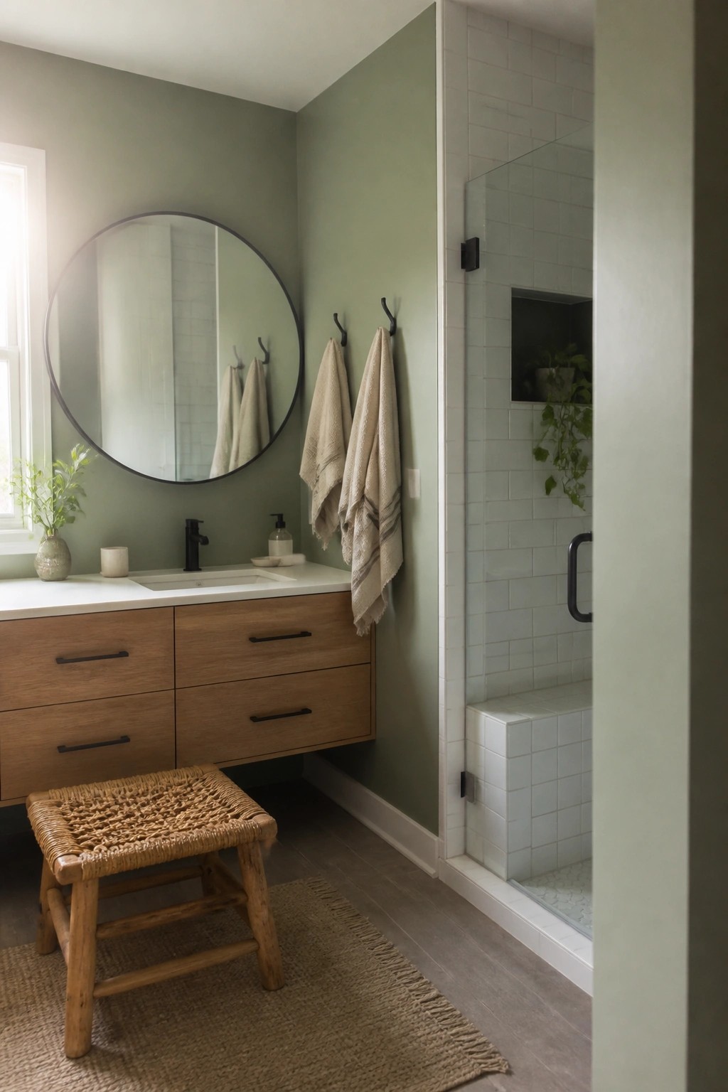 A bathroom featuring soft sage green walls paired with white tile and a wood vanity.