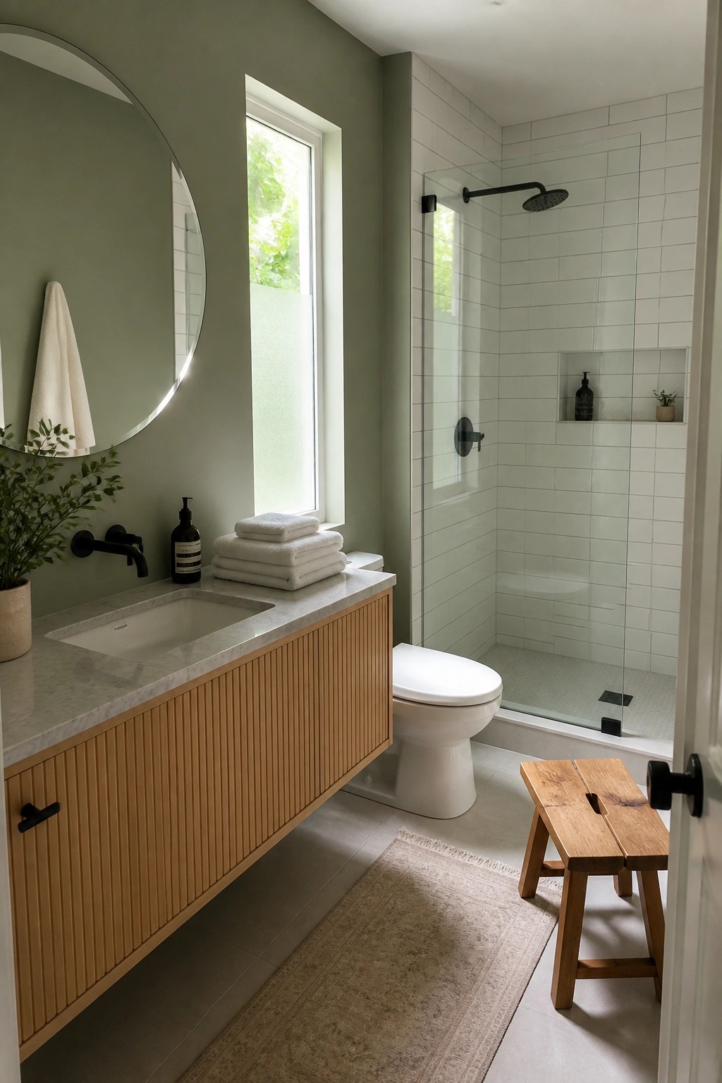 A bathroom featuring soft sage green walls paired with white tiled shower and wood vanity.