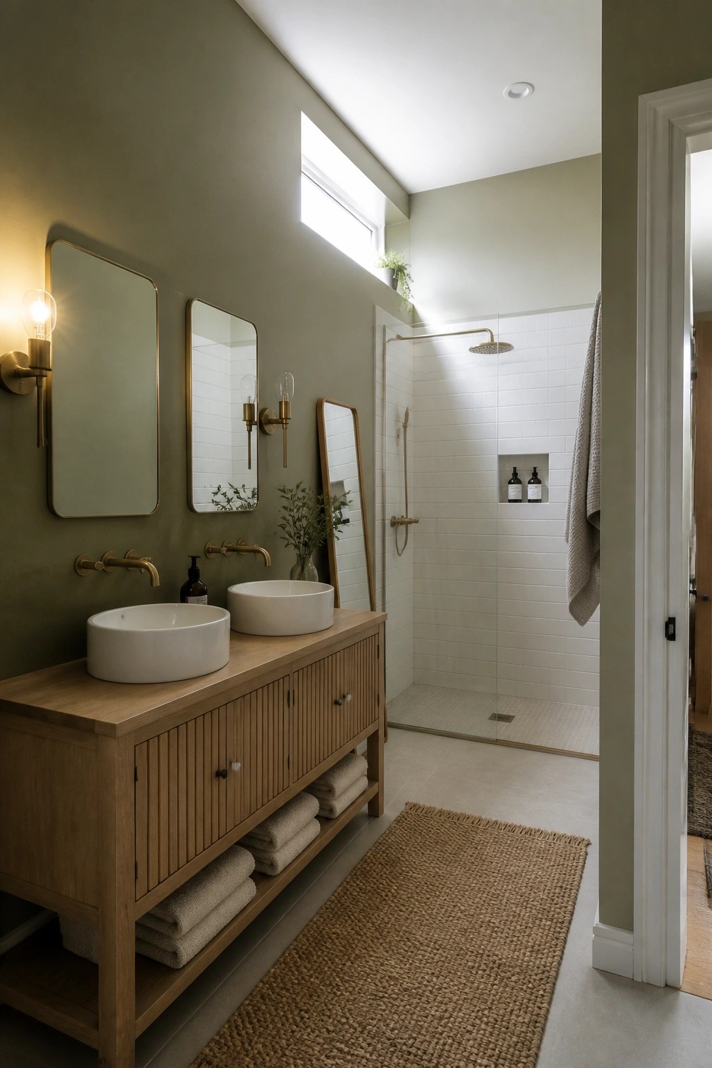 Modern bathroom with wooden double vanity, white vessel sinks, brass fixtures, and tiled shower