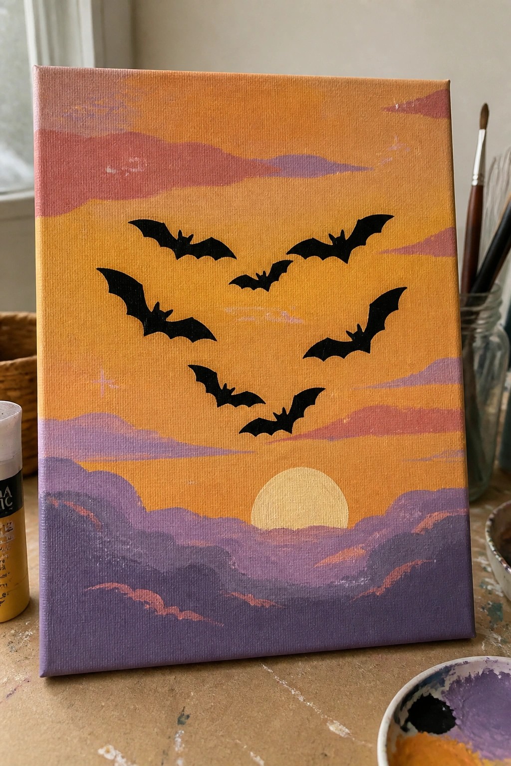 Canvas painting of black bats flying across an orange-purple sunset with yellow sun.