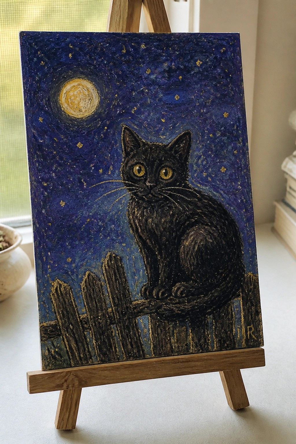 Black cat with yellow eyes on fence under starry night sky with moon, on easel