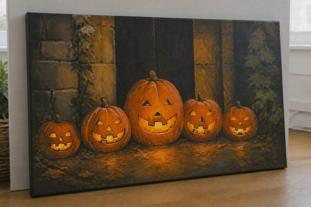 22 Spooky Halloween Canvas Painting Ideas for Dark Seasonal Displays Four glowing jack-o'-lanterns on stone steps beside dark door and lantern.