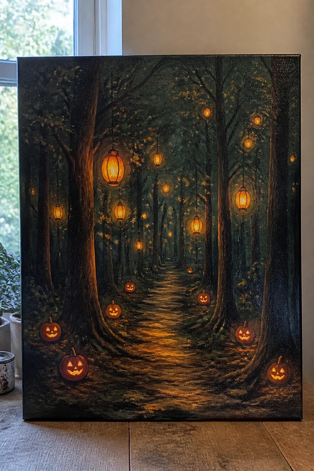 Glowing jack-o'-lanterns and lanterns light a winding forest path at night