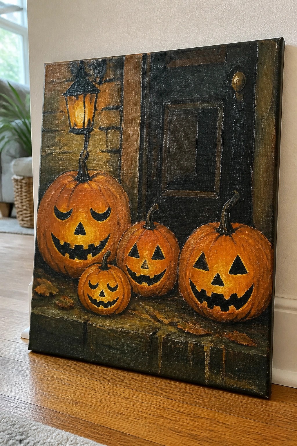 Four glowing jack-o'-lanterns on stone steps beside dark door and lantern.