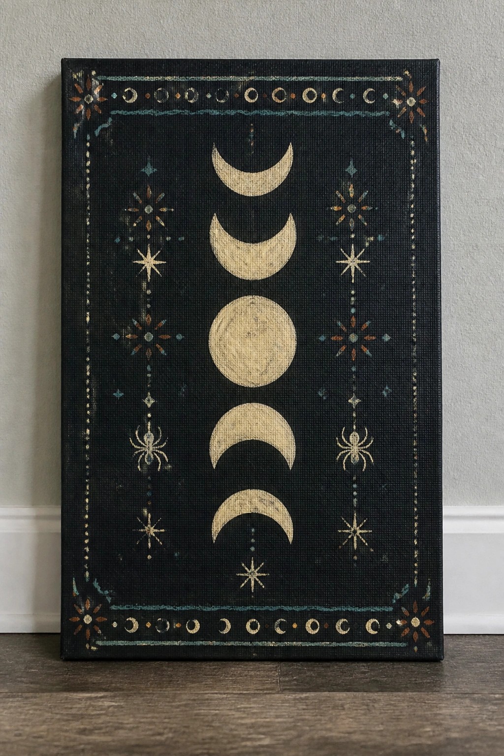 Vertical moon phases on black canvas with stars, spiders, and ornate borders