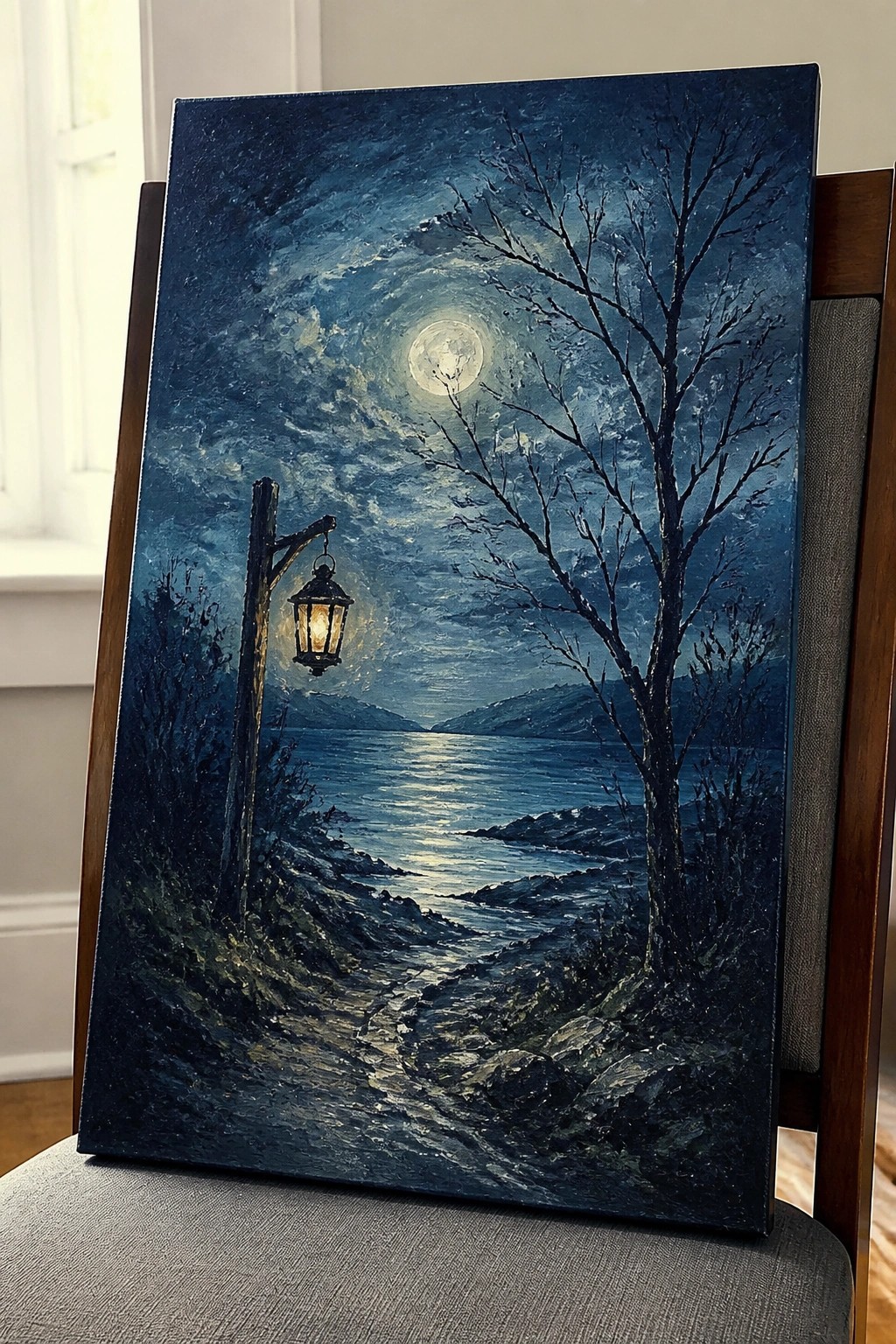 Moonlit night painting with glowing lantern, bare tree, and winding path on chair