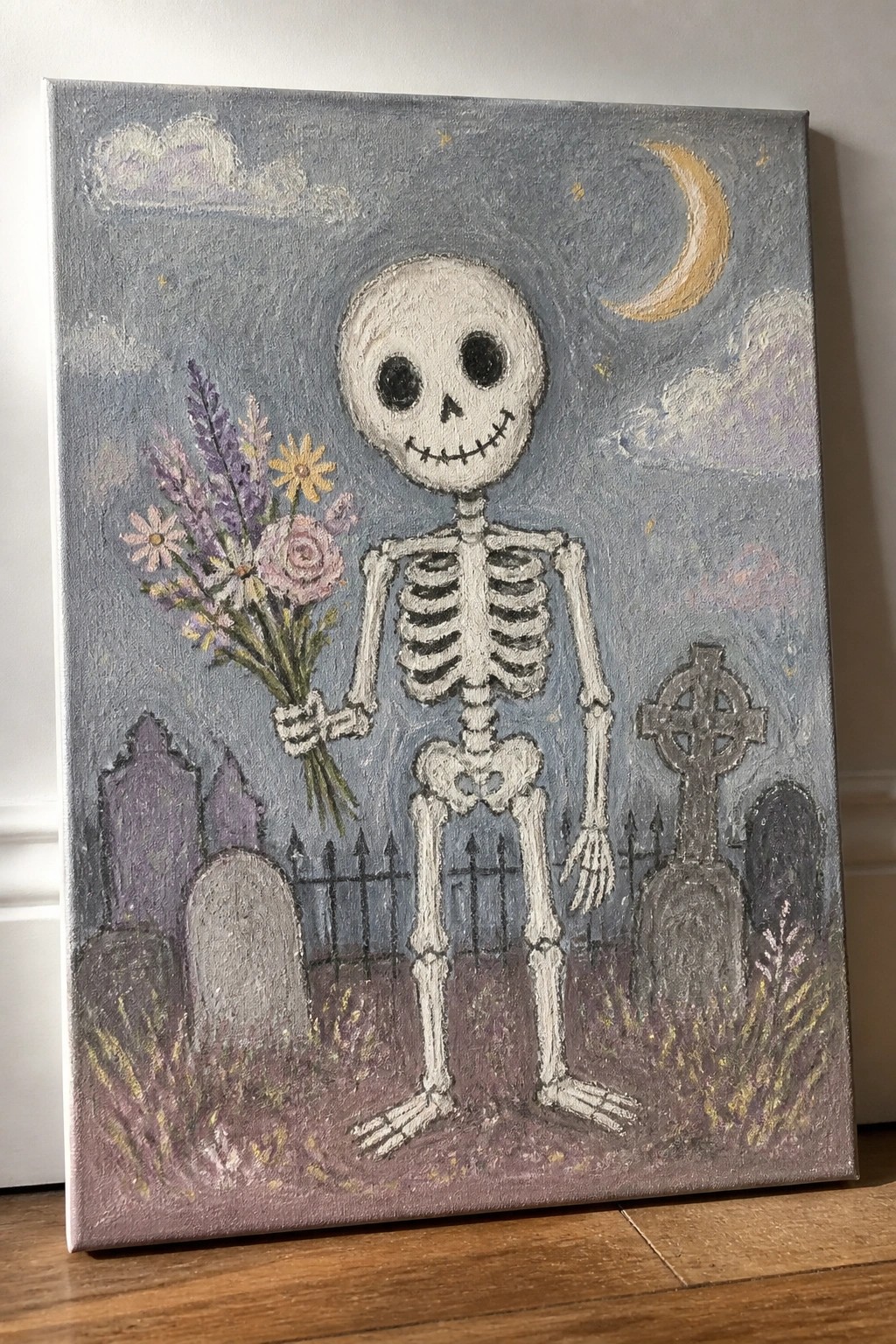 Cute skeleton holds colorful flowers in moonlit graveyard with tombstones and crescent moon.