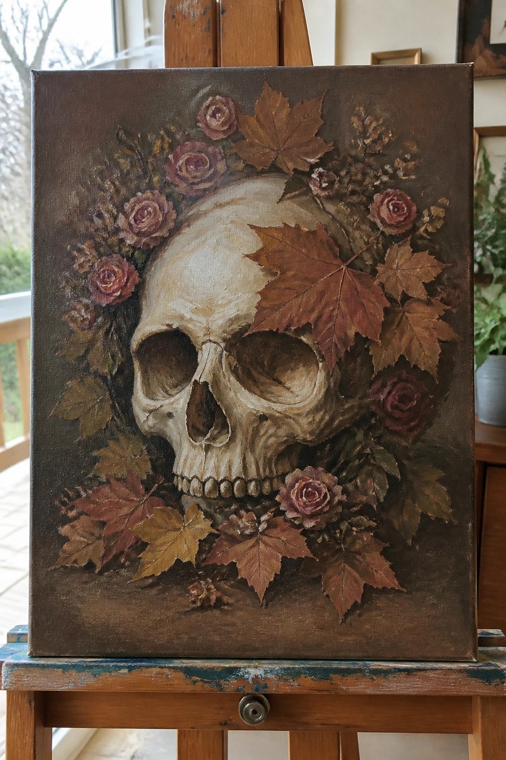 A realistic painting of a human skull surrounded by brown and red autumn leaves and dark red roses on a dark brown canvas.