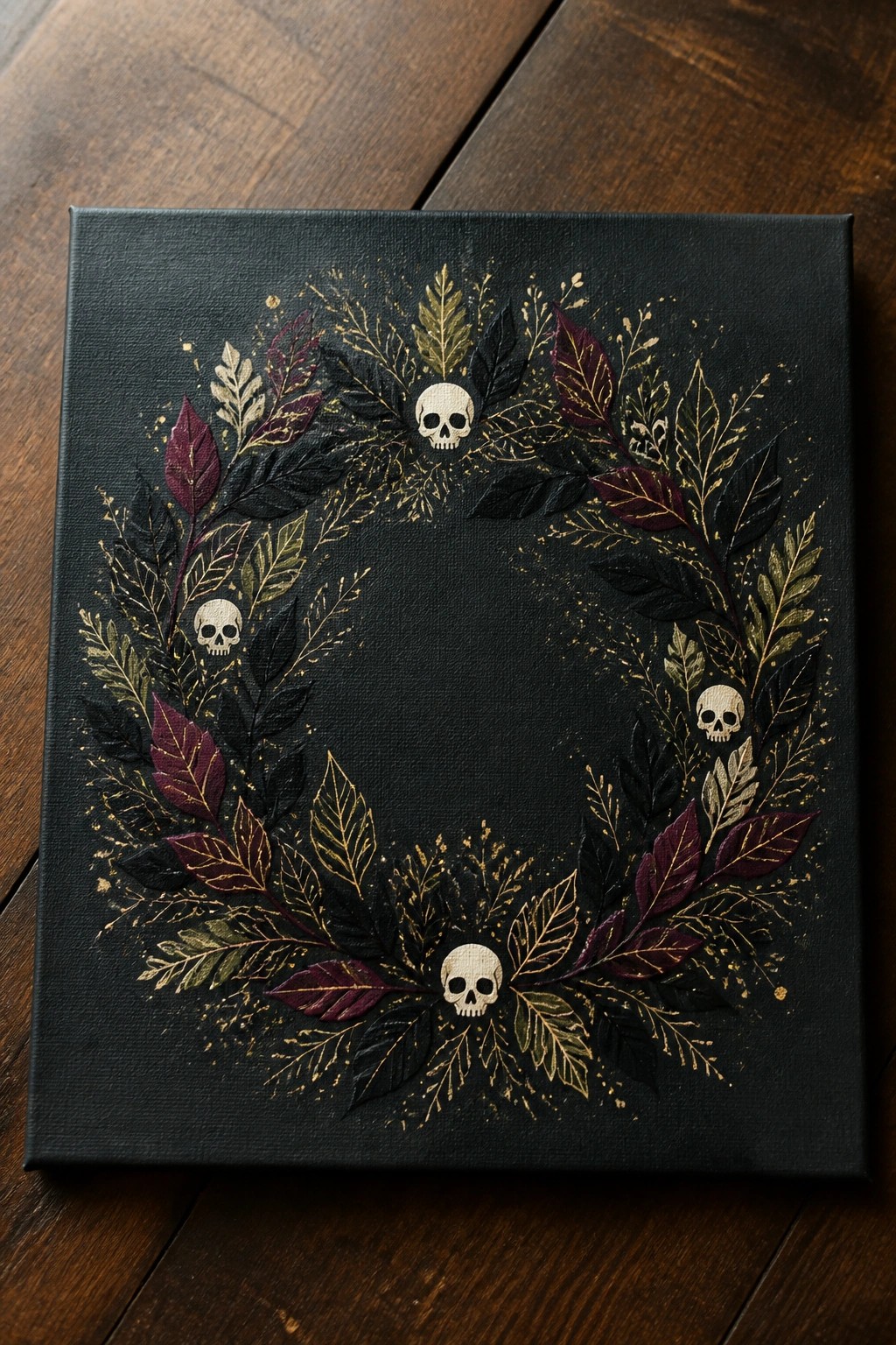 Dark wreath of black, maroon, and gold leaves with four skulls on black canvas.