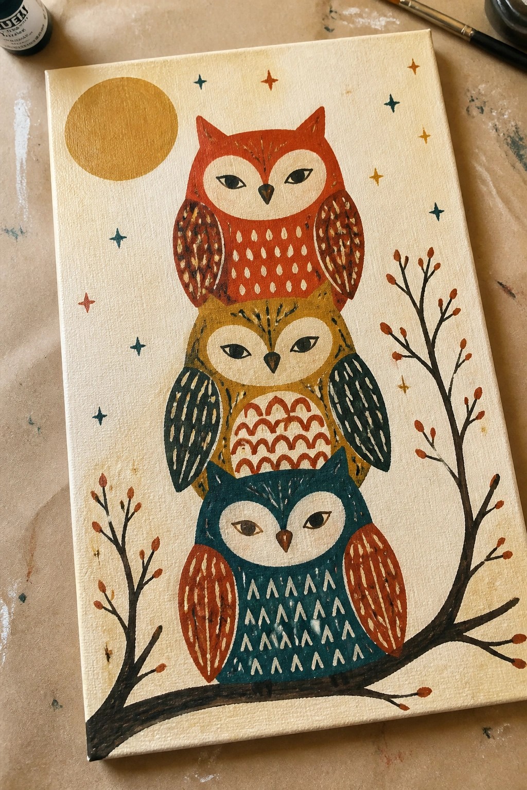 Three stacked patterned owls on branch beneath golden moon and colorful stars