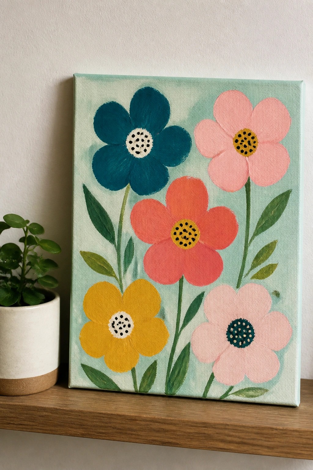 Colorful floral painting on canvas with blue, pink, orange, and yellow flowers on shelf