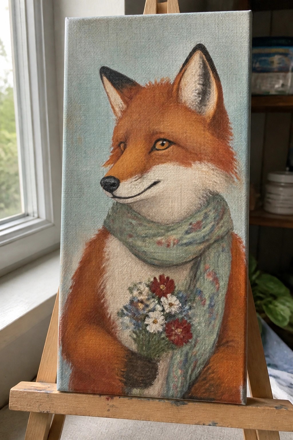 Orange fox in green floral scarf holding wildflower bouquet on wooden easel.