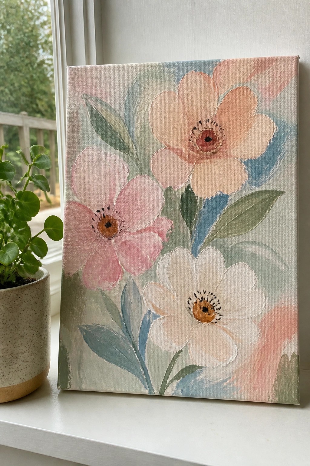 Floral canvas with pink, peach, and white flowers beside potted plant on windowsill.