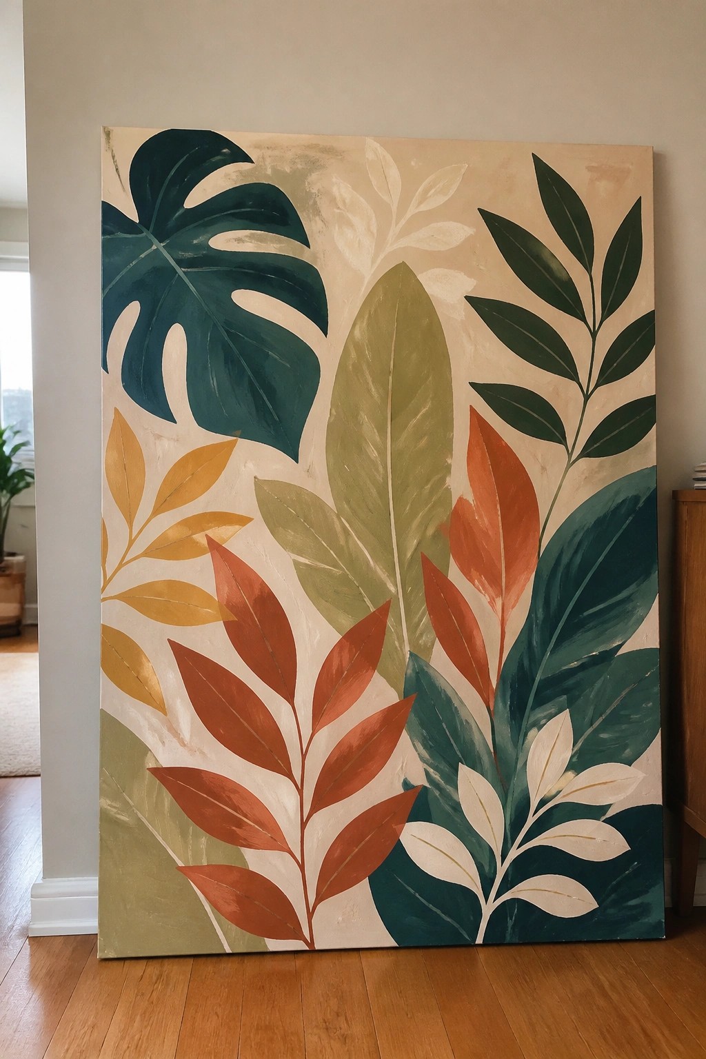 Large abstract painting of colorful tropical leaves in green, orange, and yellow tones