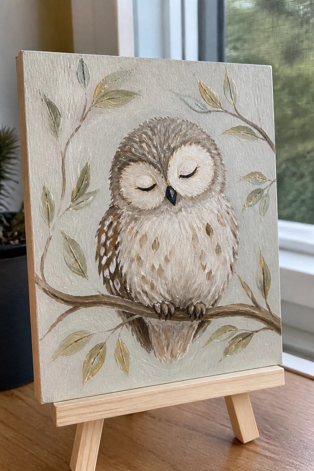 Sleeping owl perched on branch with gold-accented leaves, painted on canvas easel
