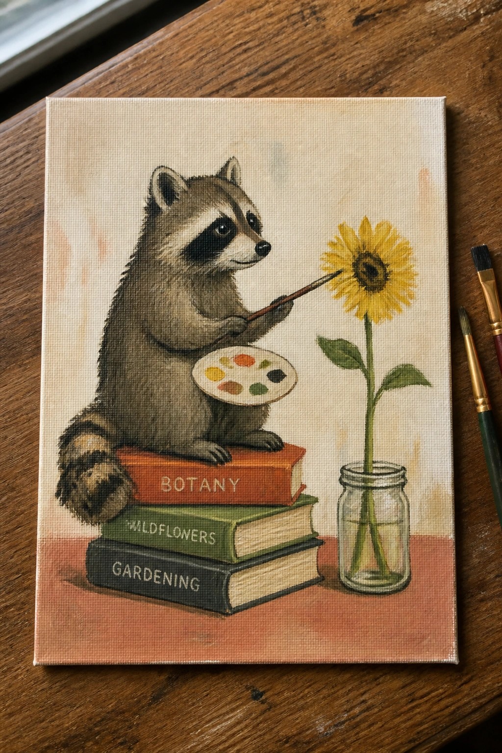 Raccoon on botany books paints sunflower in jar using palette and brush