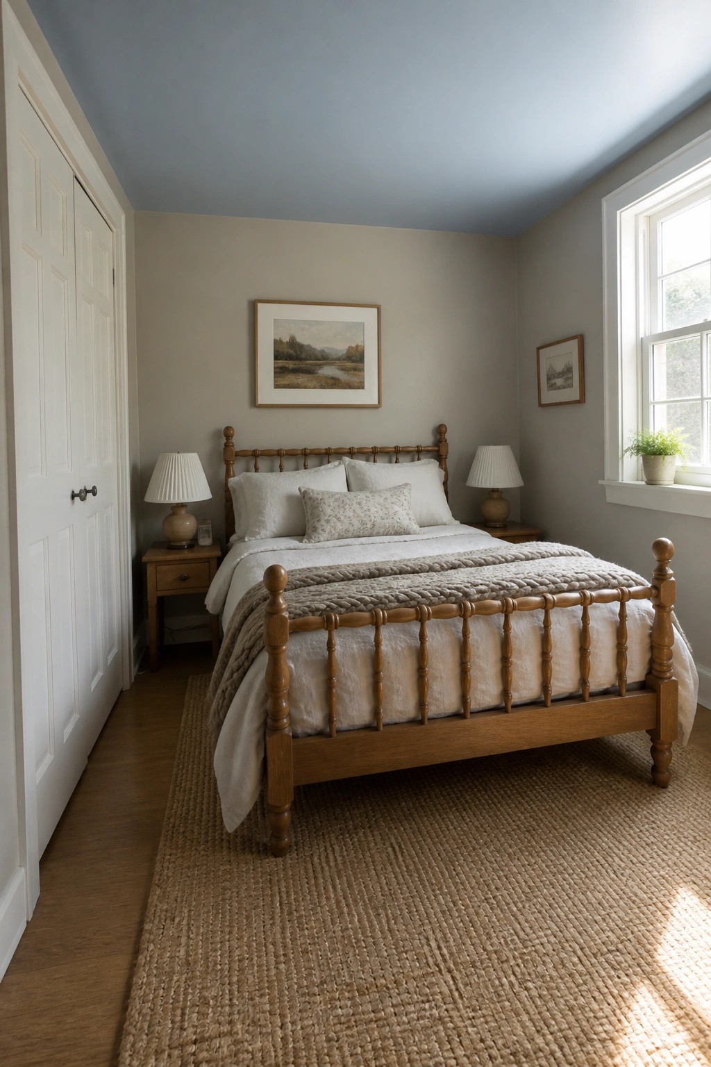 A small bedroom with a soft blue-gray ceiling and warm beige walls.
