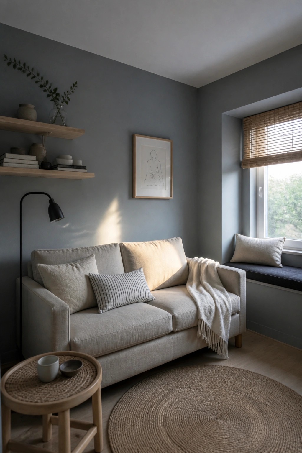 A small living area with cool blue gray walls and light wood shelves.