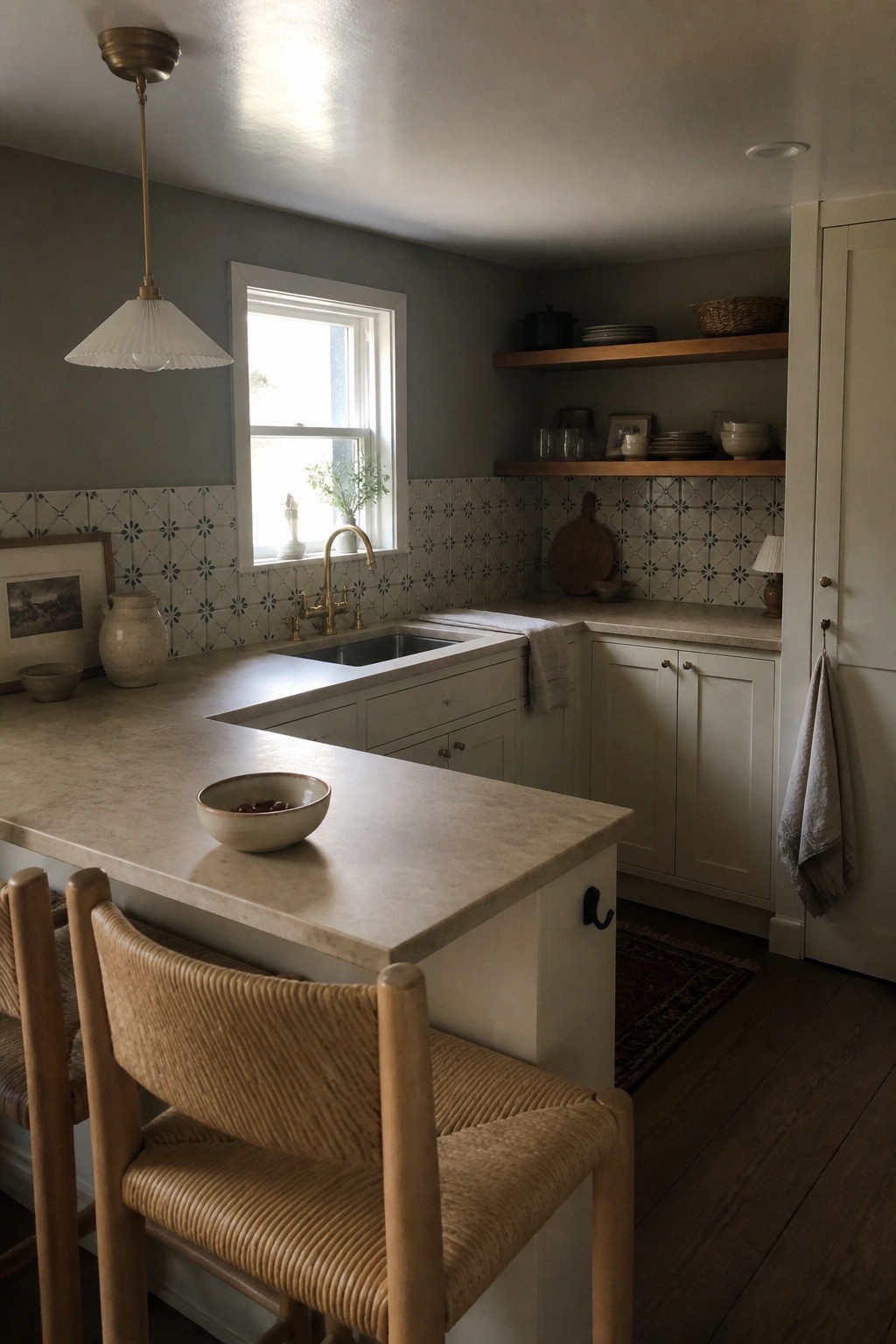 Neutral-toned kitchen with marble island, woven chairs, brass sink, and patterned tile backsplash.