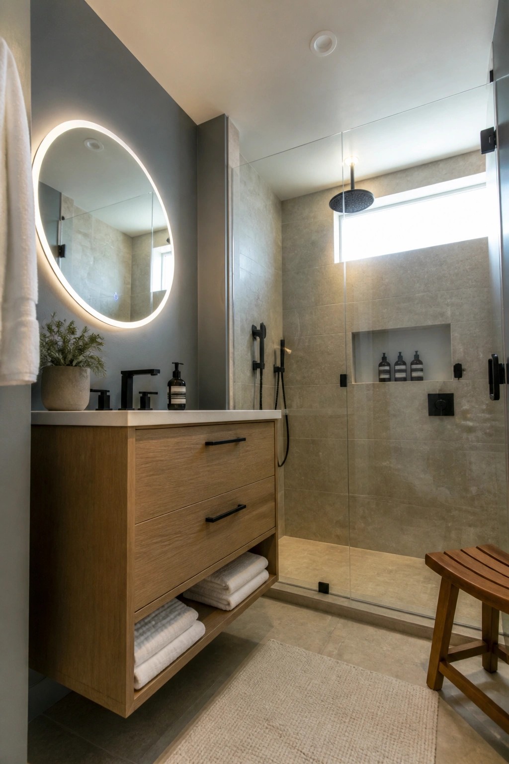 A compact bathroom with cool slate gray walls and a floating light wood vanity.
