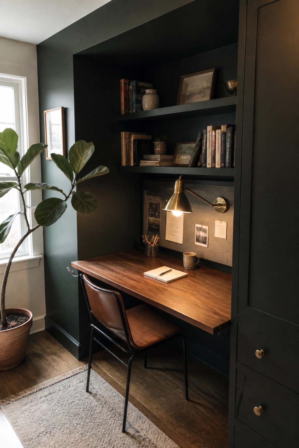 Deep green paint covers the walls and built-in desk nook in a small home office corner.