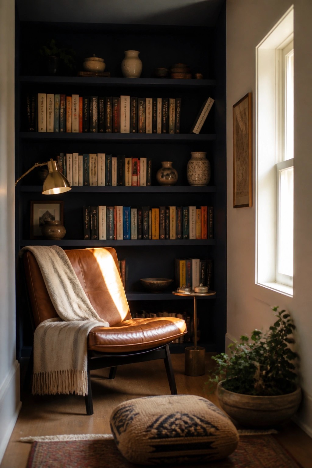 Built-in bookshelves and walls painted deep navy blue in a small reading nook.
