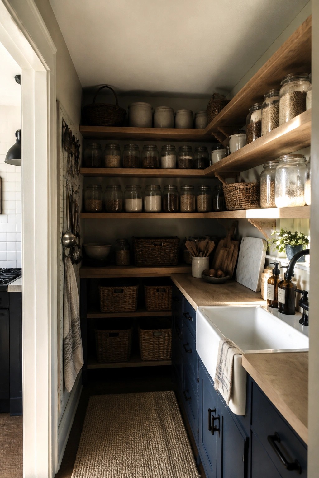 Narrow pantry with deep navy cabinets and light wood open shelves.
