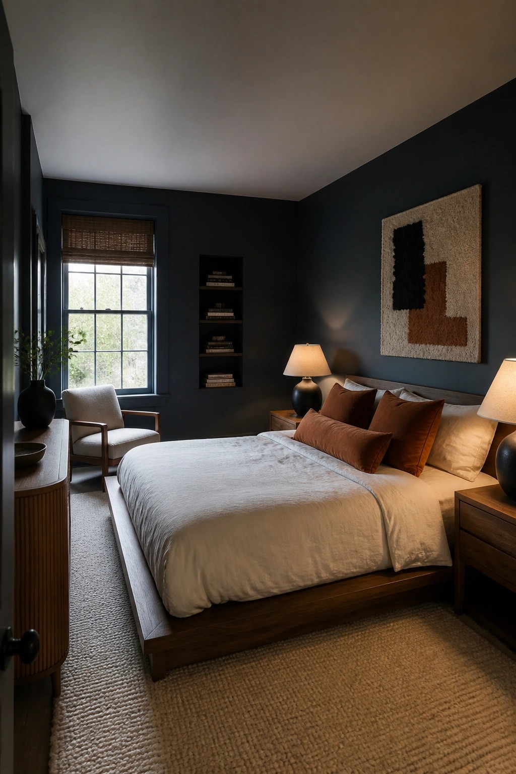 Deep navy walls in a small bedroom with dark wood furniture and a low ceiling.