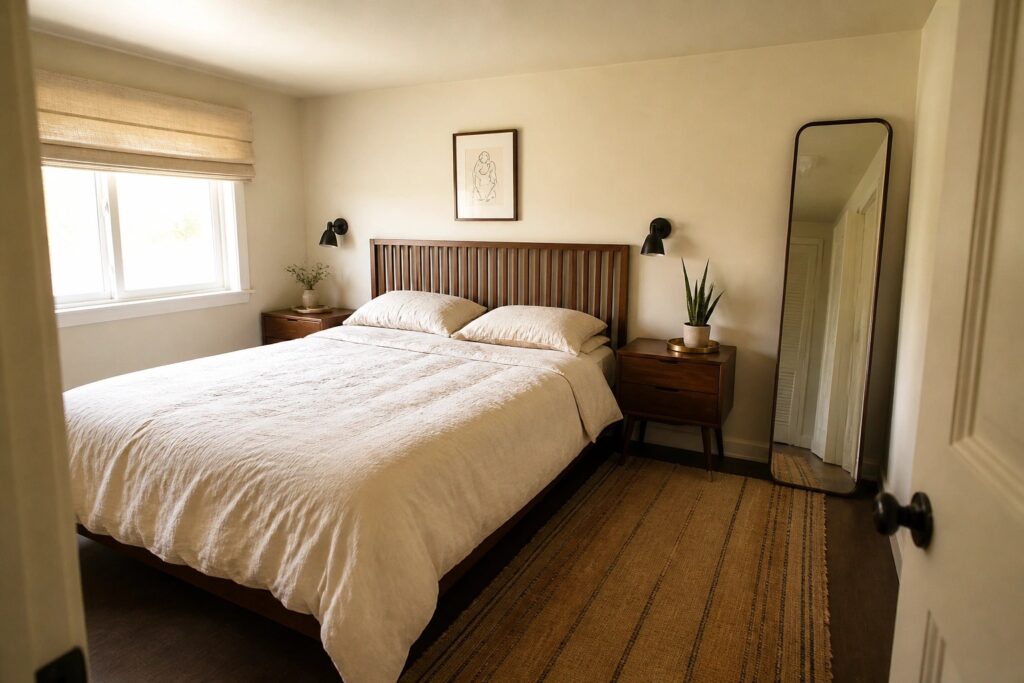 Minimalist bedroom with wooden bed, white linens, nightstands, lamps, and woven rug.