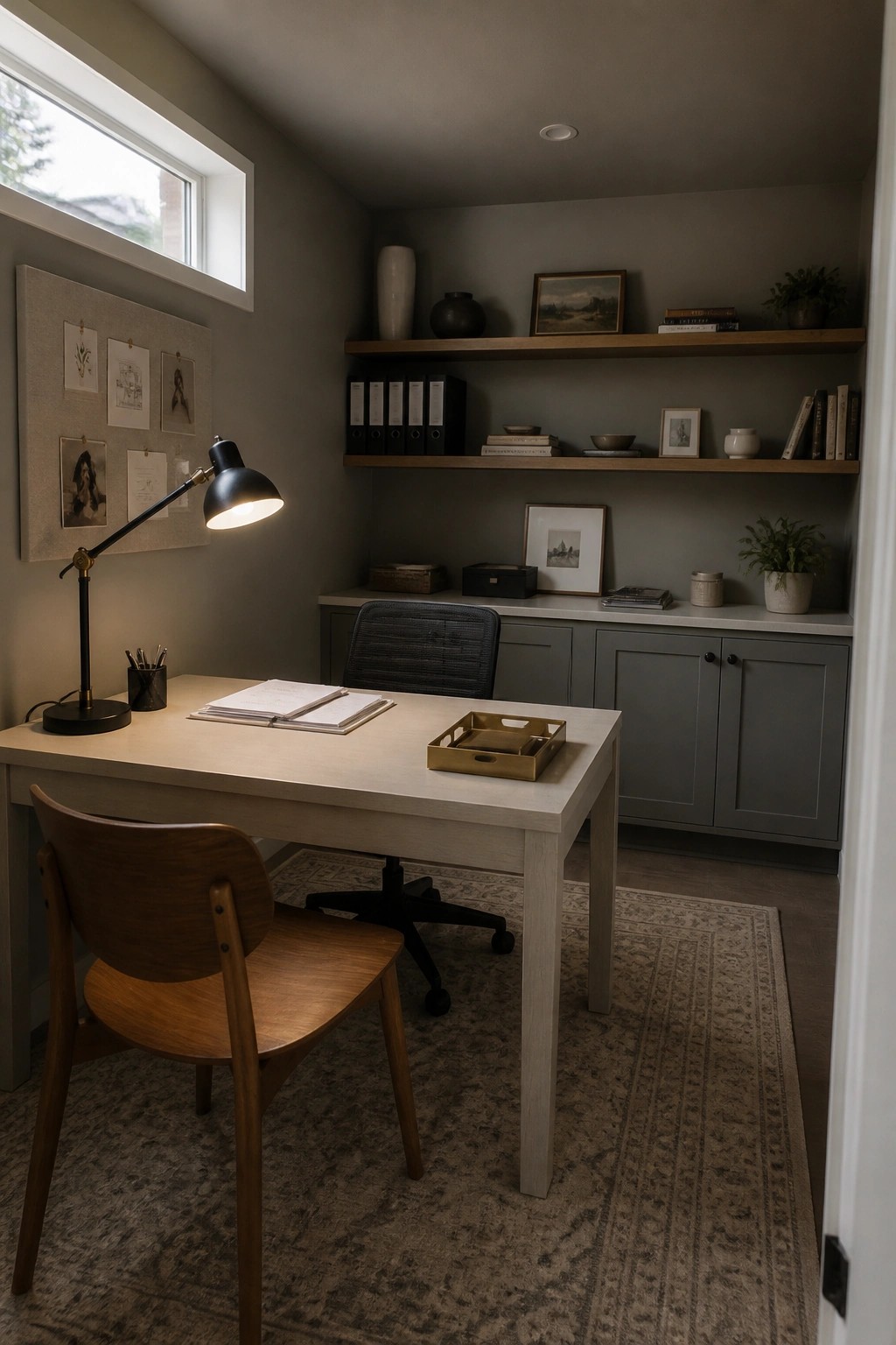 Light wood desk with lit black lamp, papers, wooden chair, and gray shelves