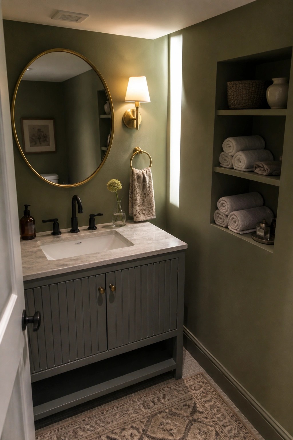 Muted olive green walls in a small bathroom with built-in shelving and a gray vanity.