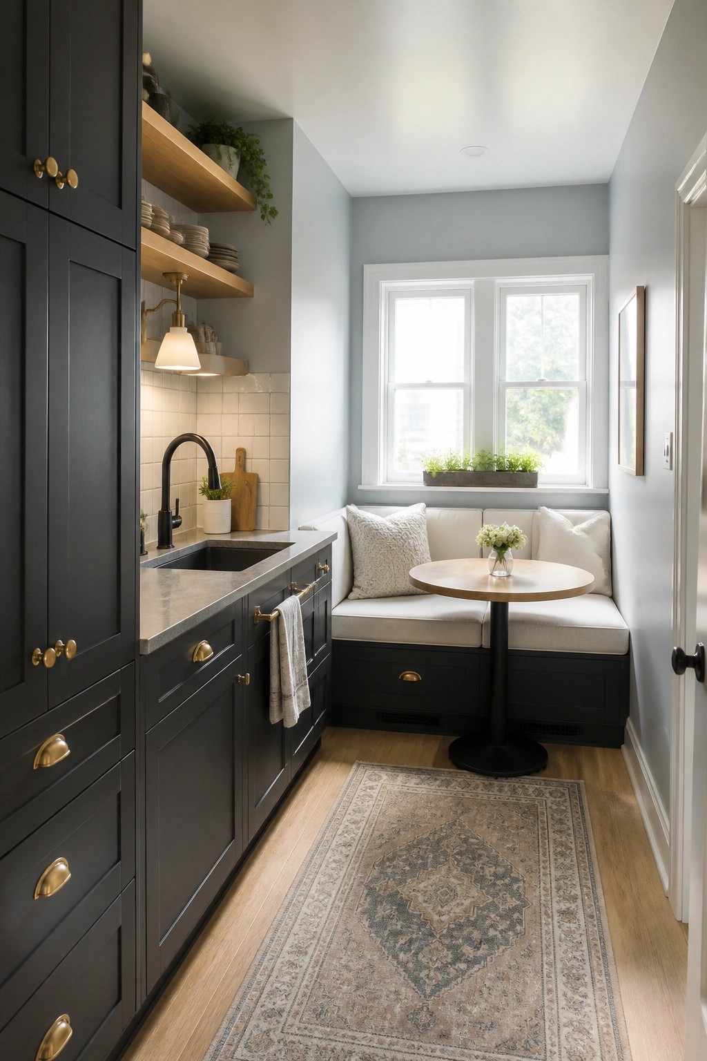 Dark kitchen cabinets, sink, round table, and cushioned window bench seating area.