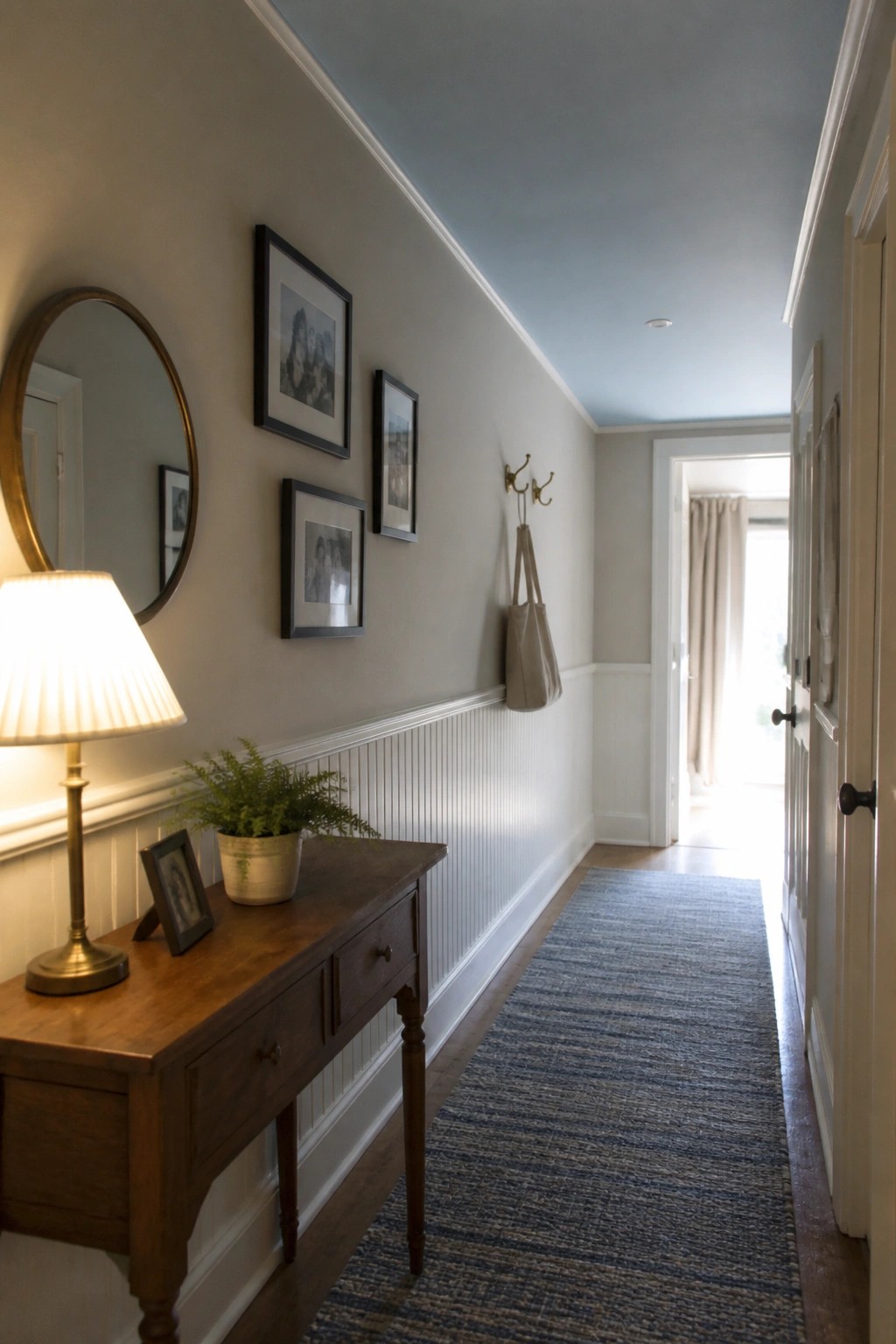 Hallway with wooden console table, lit lamp, round mirror, framed art, and blue runner rug.