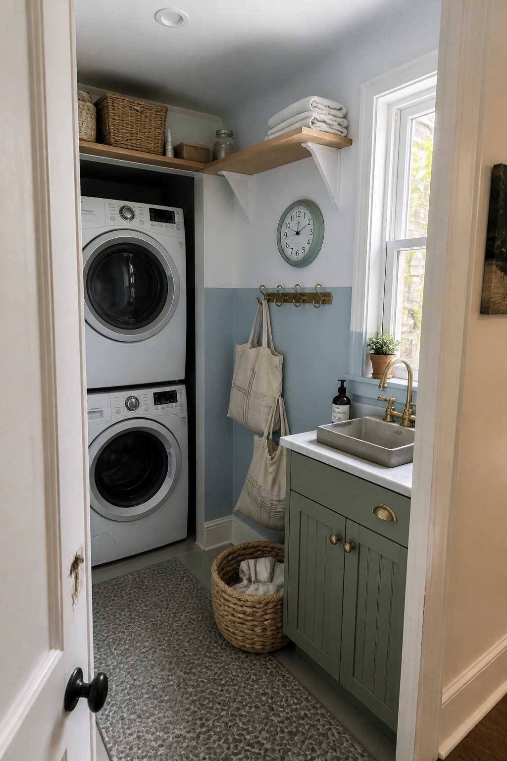 Stacked washer-dryer, green sink cabinet, blue walls, wooden shelves in laundry room.
