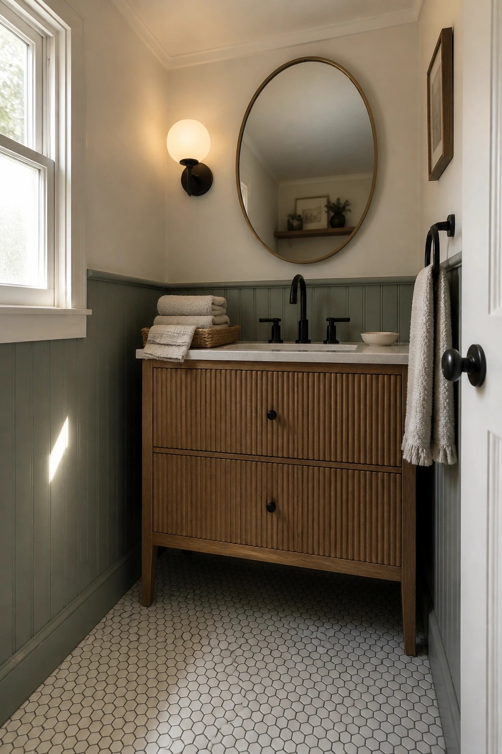 A small bathroom with muted sage green wainscoting and a wood vanity.