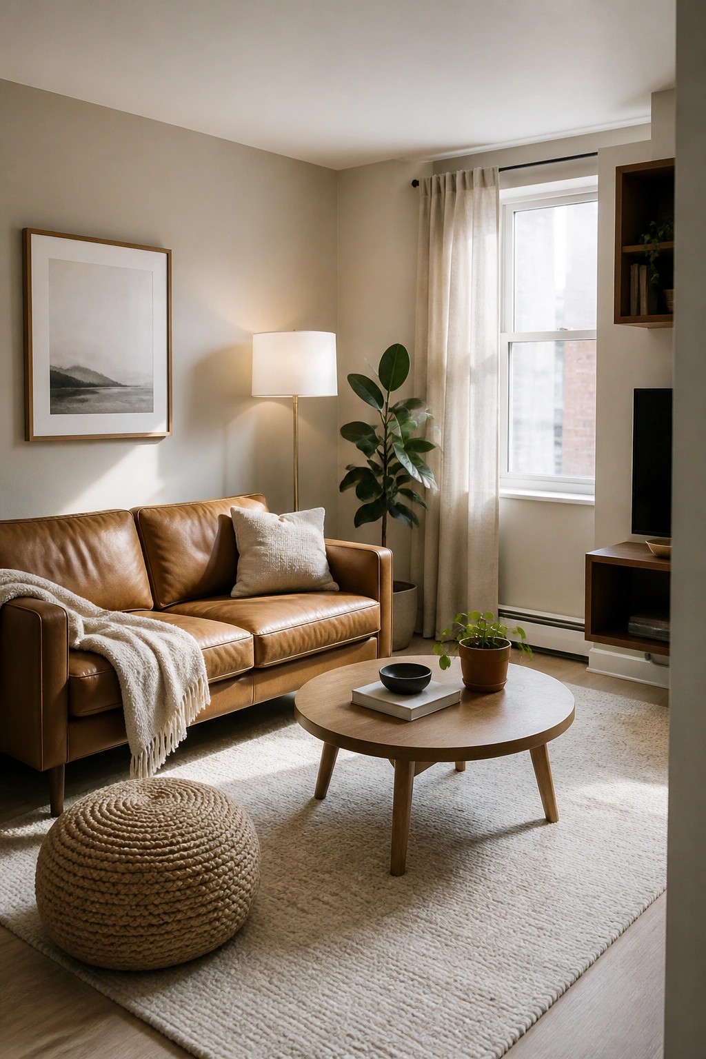 A small living room with warm beige walls, brown leather sofa, and wood furniture on a light rug.