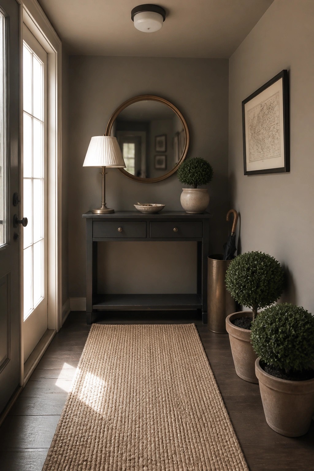A narrow entry hallway with warm gray walls, a dark console table, and a round mirror above it.