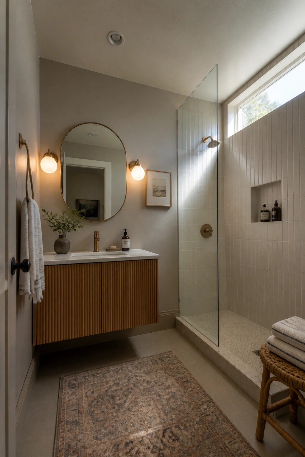 Modern bathroom with wooden vanity, round mirror, tiled shower, and patterned rug.