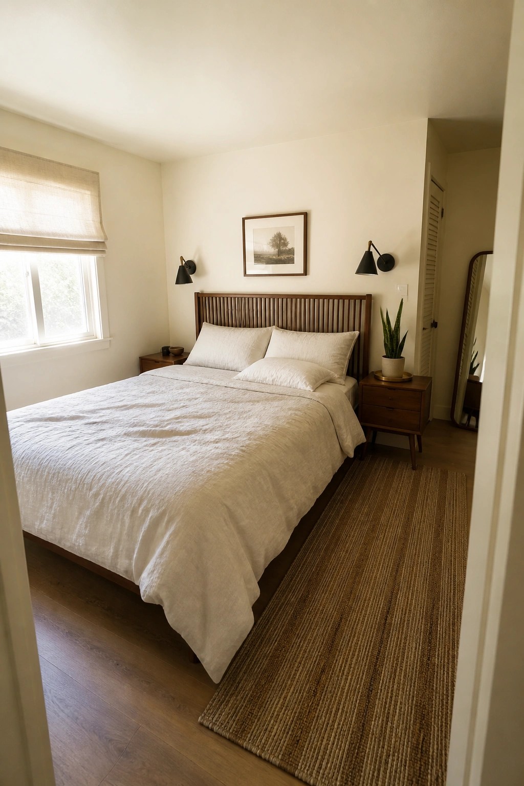 Minimalist bedroom with wooden bed, white linens, nightstands, lamps, and woven rug.